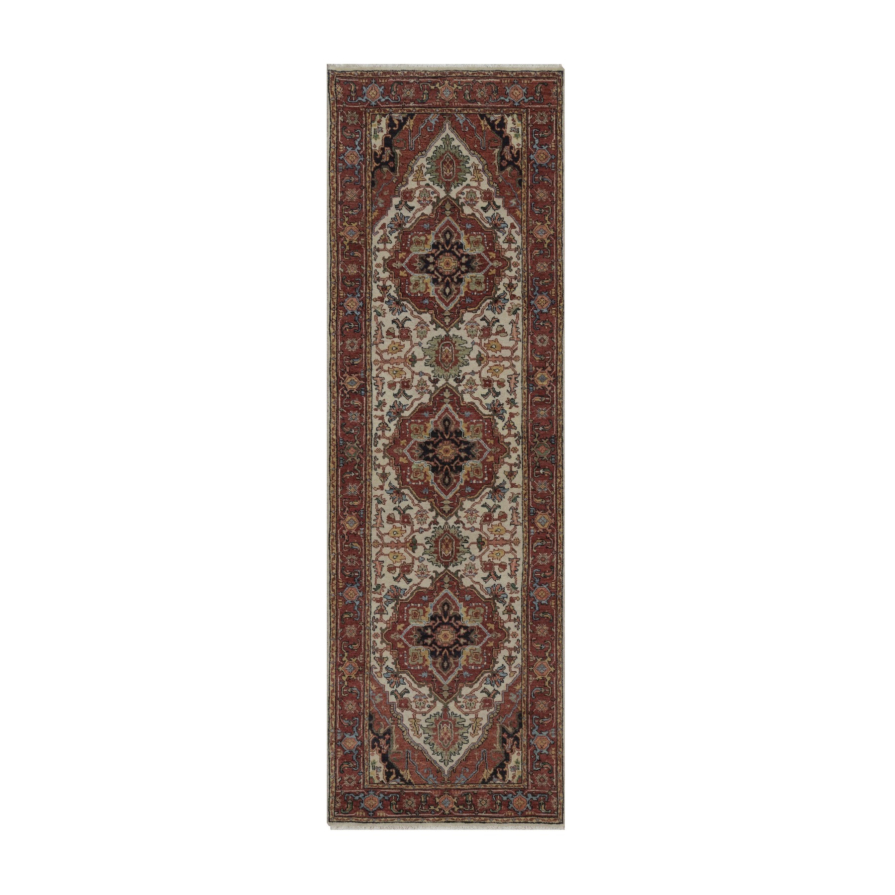 2'6"x8' Chiffon White, Antiqued Fine Heriz Re-Creation, Medallions Design, Hand Knotted, Hand Spun New Zealand Wool, Soft Pile, Vegetable Dyes, Runner, Oriental Rug 
